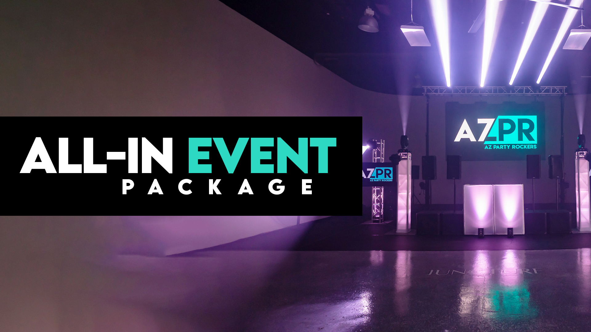 All-In DJ Package setup with full lighting truss, LED video wall, moving heads, and professional DJ booth for large-scale events.
