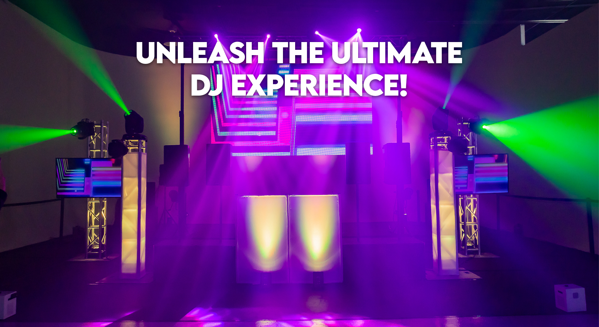All-In DJ Package setup with full lighting truss, LED video wall, moving heads, and professional DJ booth for large-scale events.