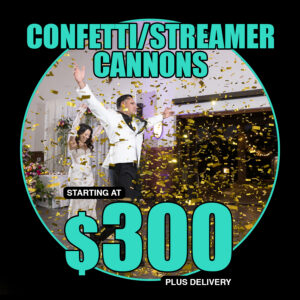 Confetti cannons firing colorful confetti and streamers over a dance floor at a celebration