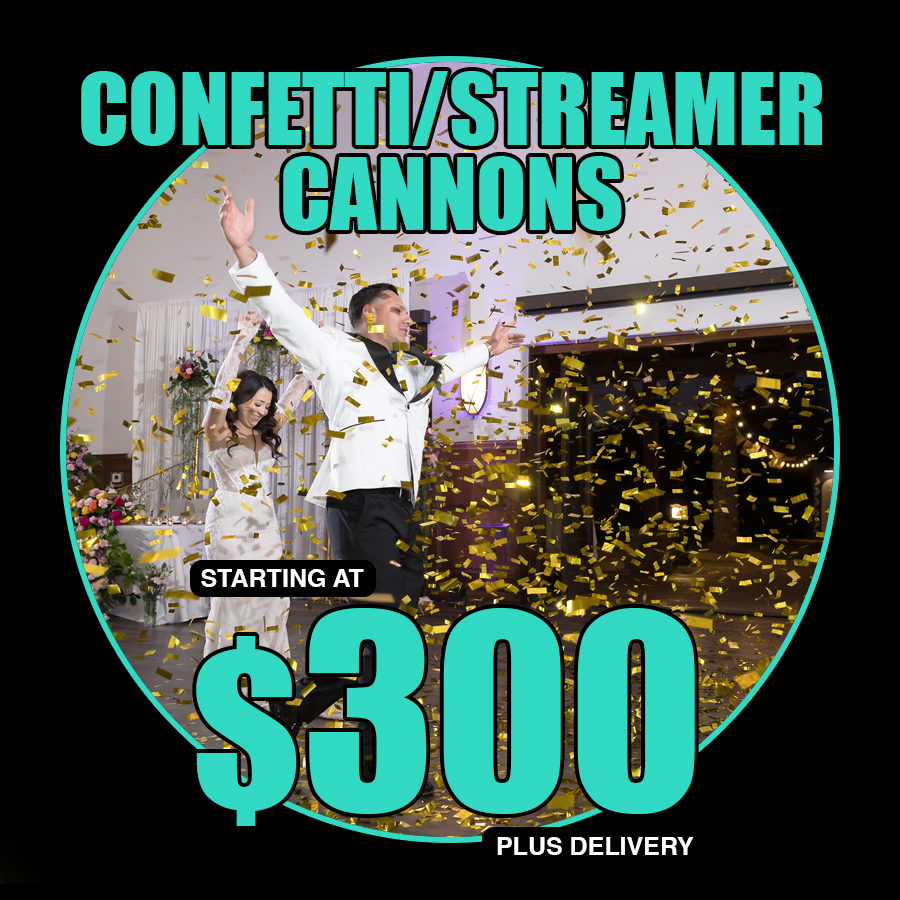 Confetti cannons firing colorful confetti and streamers over a dance floor at a celebration