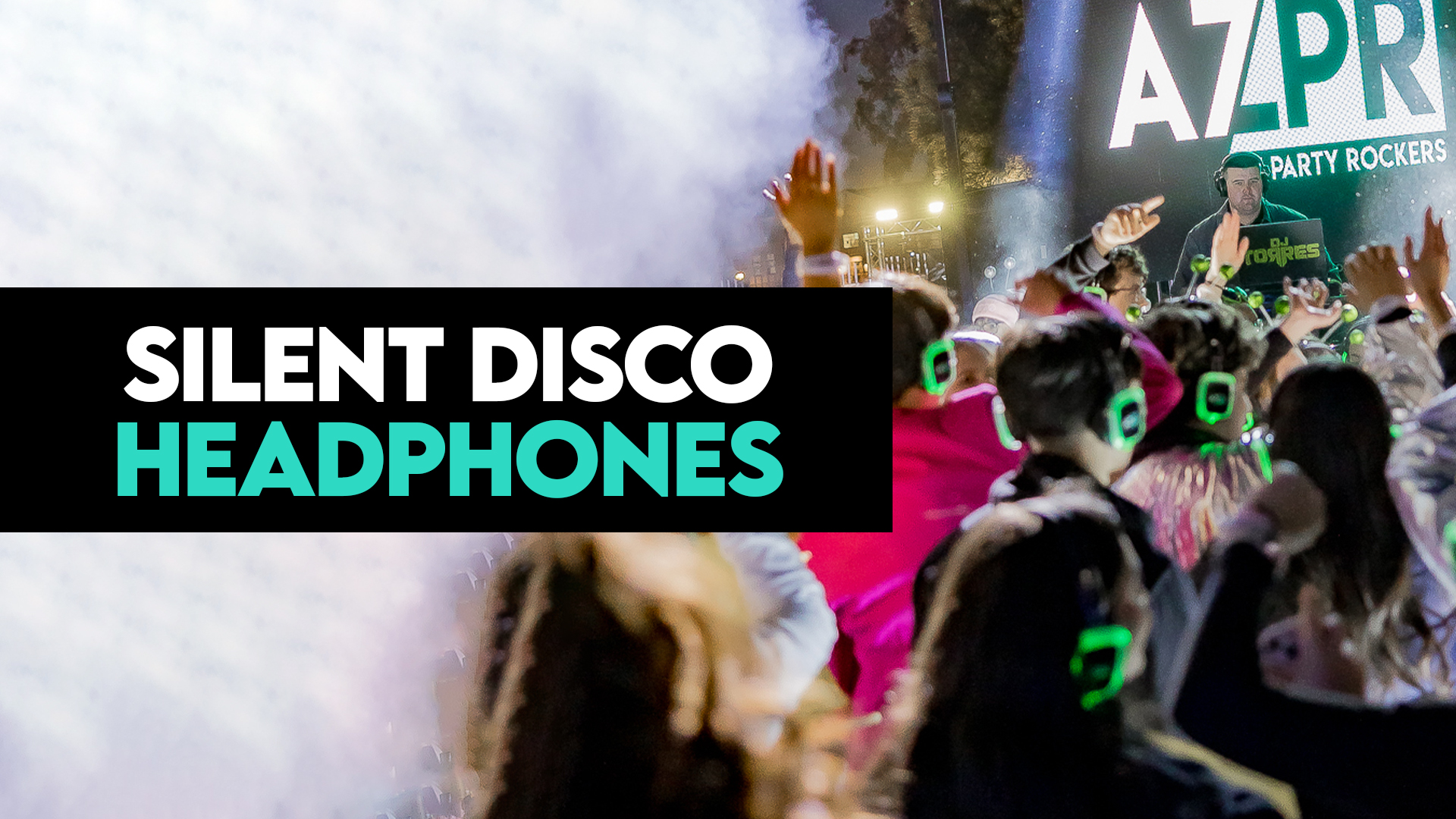 Black 3-channel silent disco headphones glowing red, blue, and green on a white background