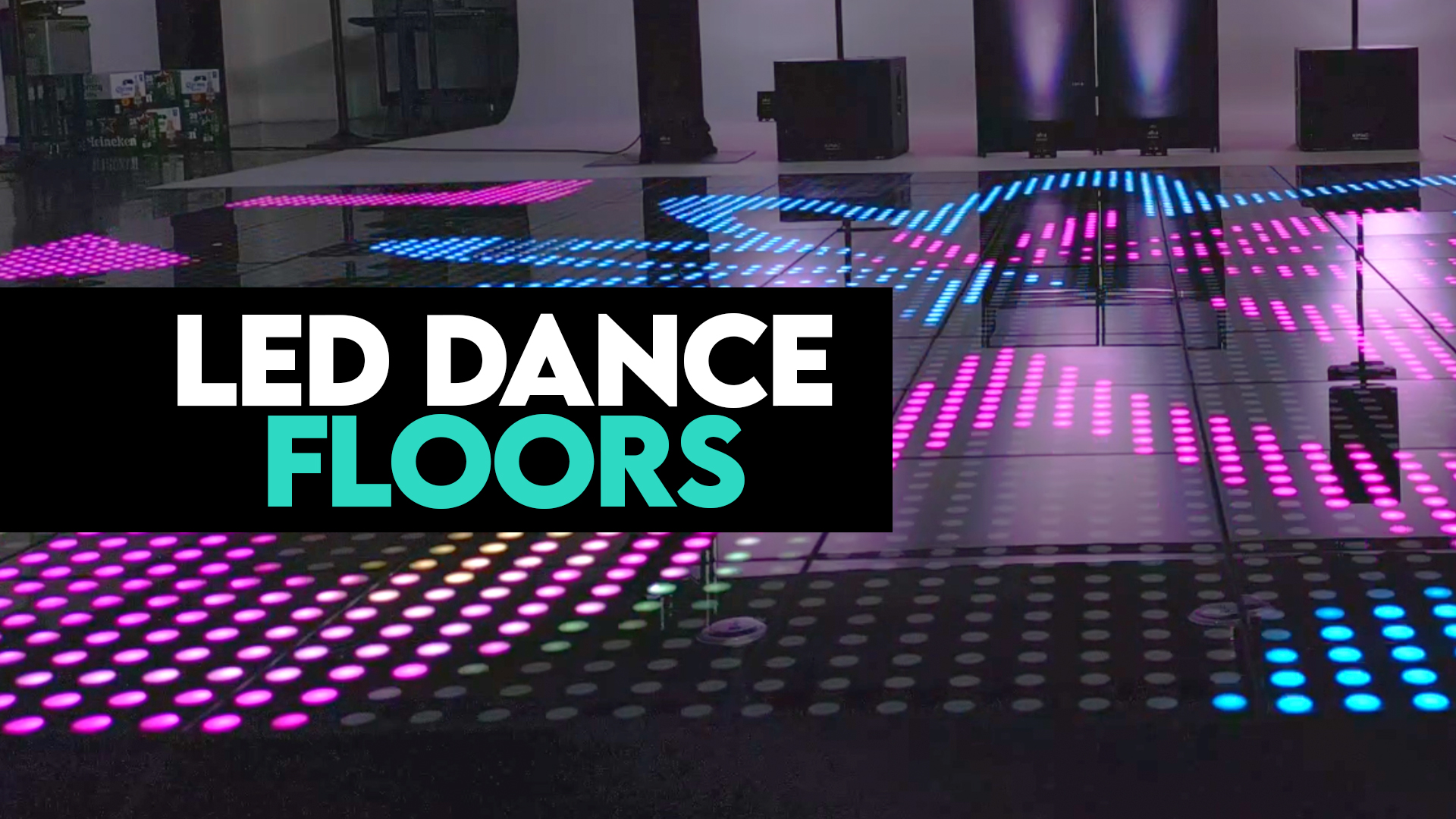 White acrylic LED dance floor and pixel-reactive LED dance floor glowing with vivid colors and dynamic lighting effects.