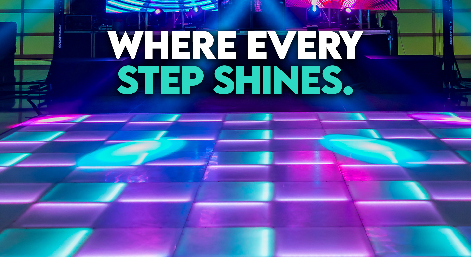 White acrylic LED dance floor and pixel-reactive LED dance floor glowing with vivid colors and dynamic lighting effects.