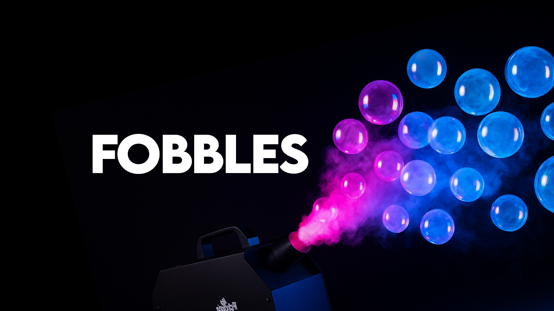 Fog-filled bubbles floating through colorful event lighting from a Fobbles machine on a dance floor