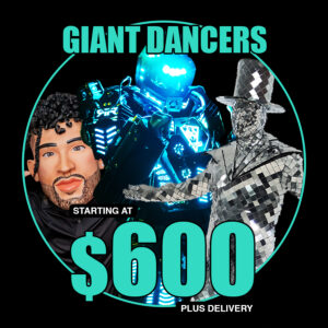 LED robot dancer on stilts with glowing lights performing beside a mirror man and a giant Bad Bunny big head character at an event