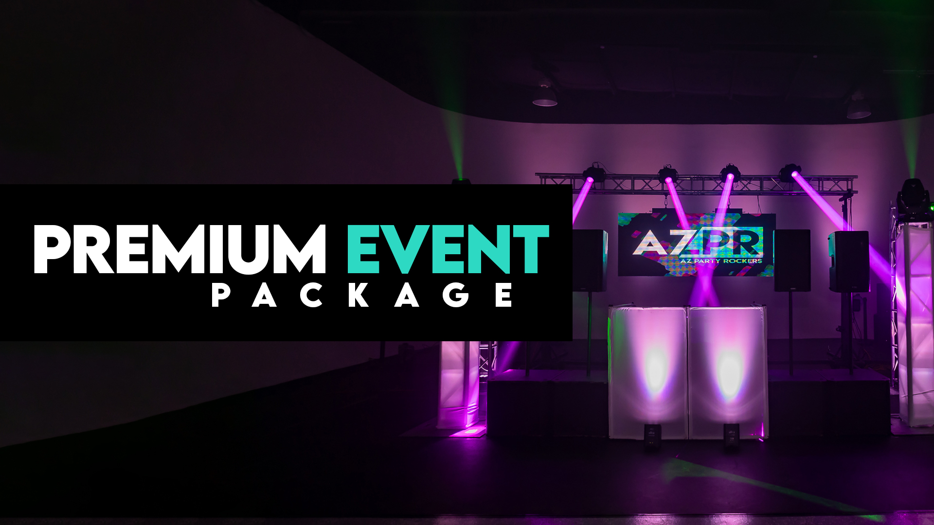 Premium DJ event package setup with truss lighting, LED video wall, and professional-grade sound system for large events.