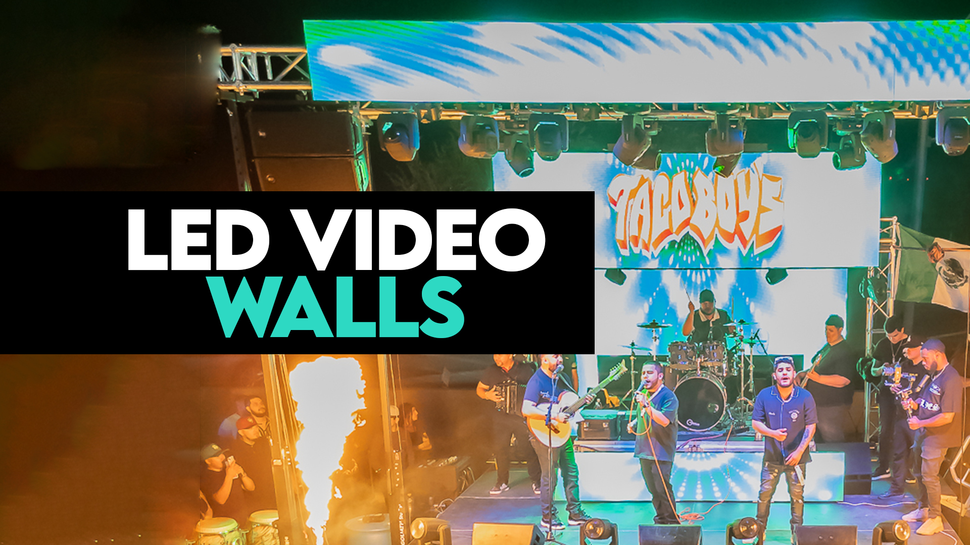 LED video wall behind DJ booth with looping graphics and lights